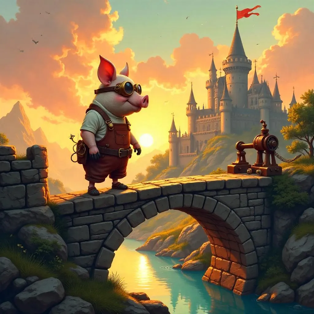 Pig Inventor on a Medieval Drawbridge - Concept Art