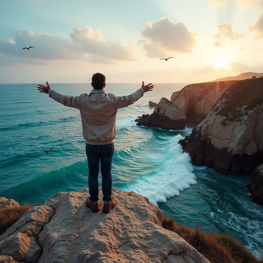 Solitary Man on Rugged Cliffs Embracing the Coast