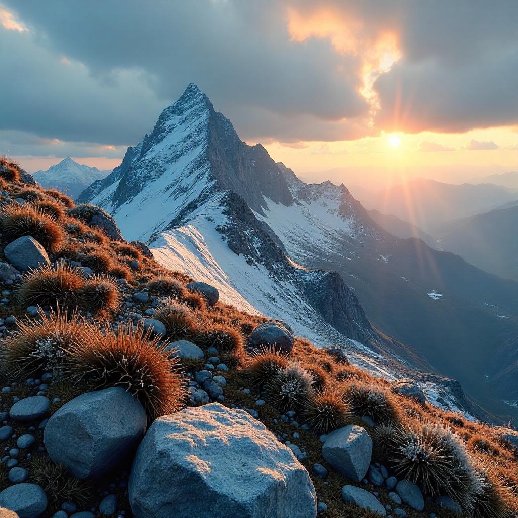 Photorealistic Tundra on a Snow-Capped Mountain Peak