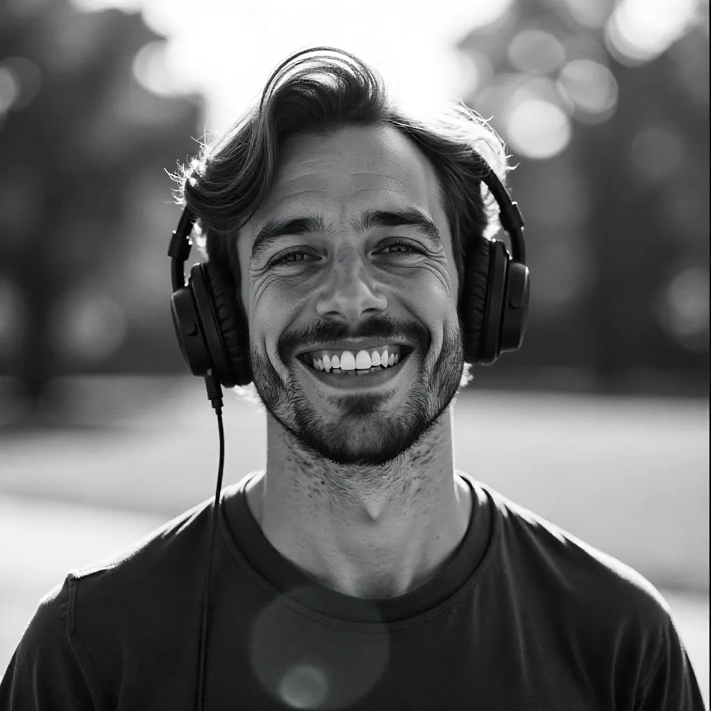 Black and White Outdoor Portrait: Man in Headphones Smiling