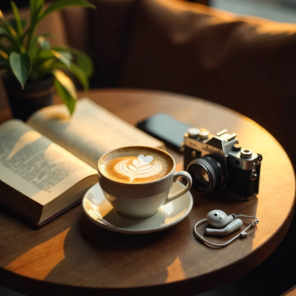 Cozy cafe desk: latte art, book, camera and devices