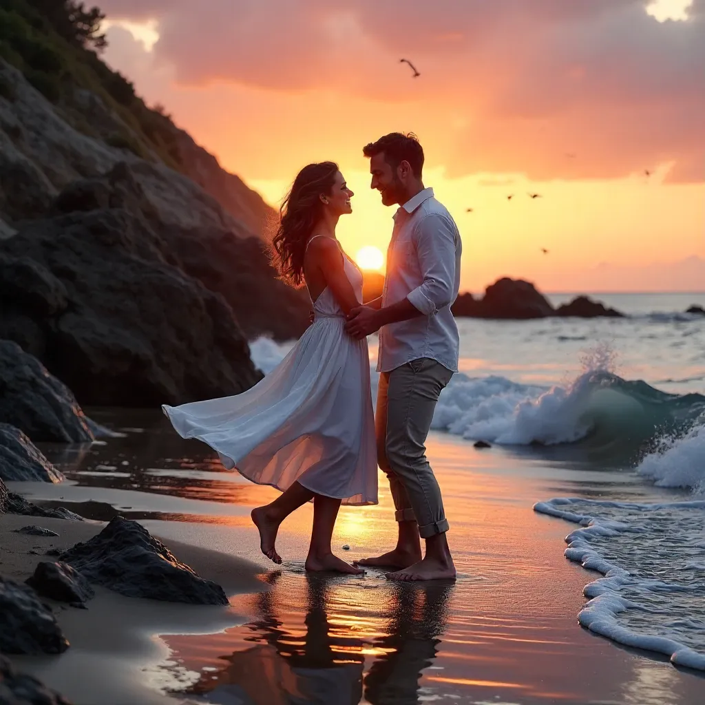 Romance on a Rocky Beach at Sunset