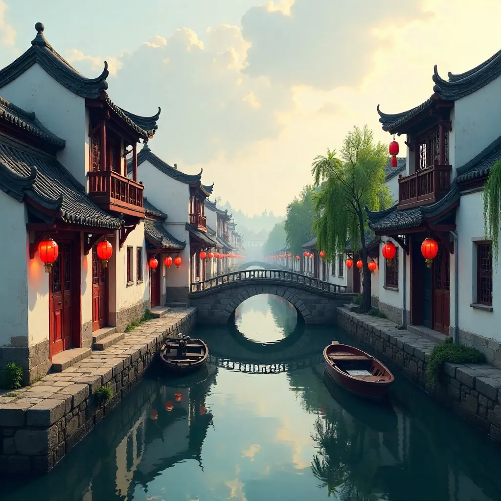 Serene Water Town with Ornate Traditional Roofs
