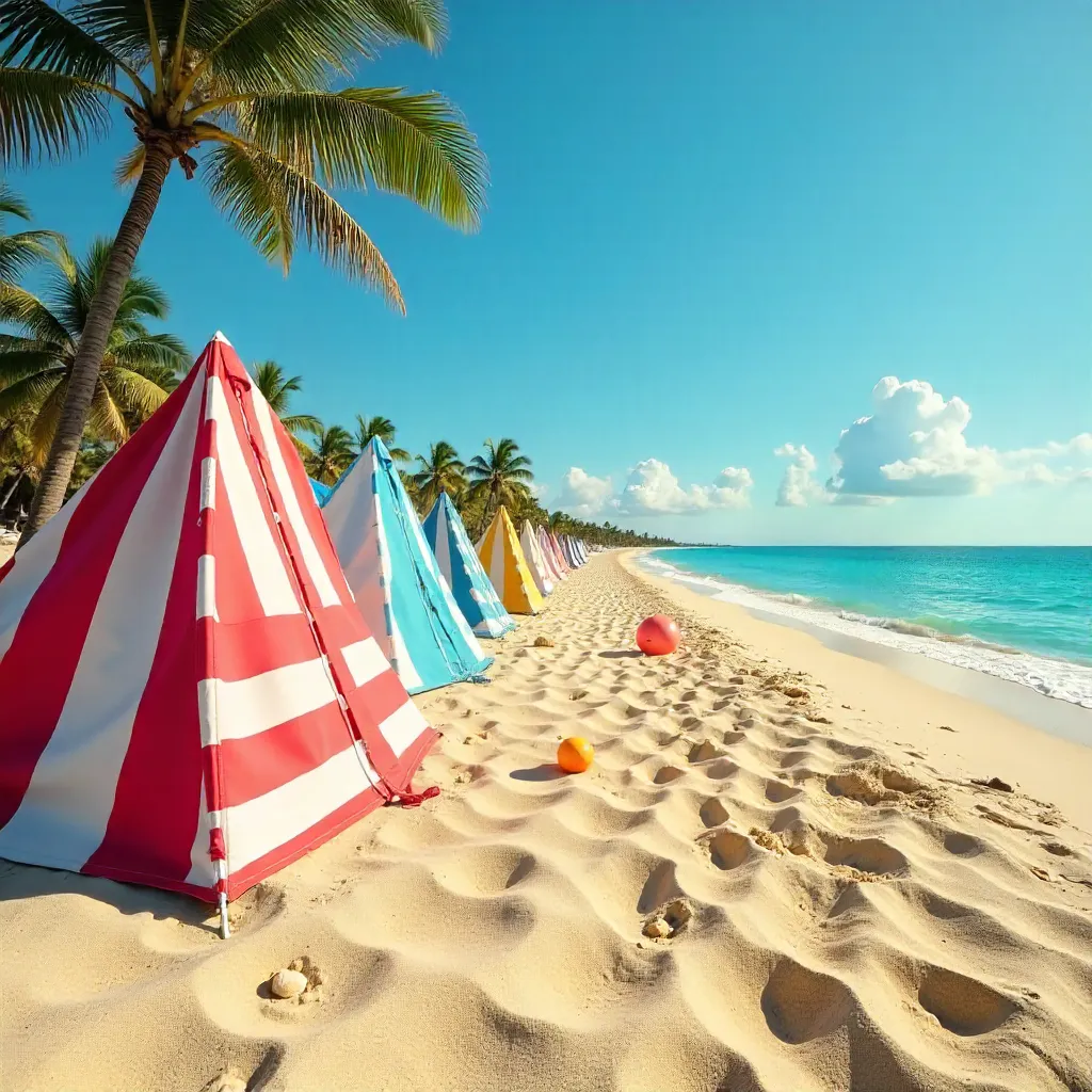 Striped Beach Tents along a Sunny Shoreline