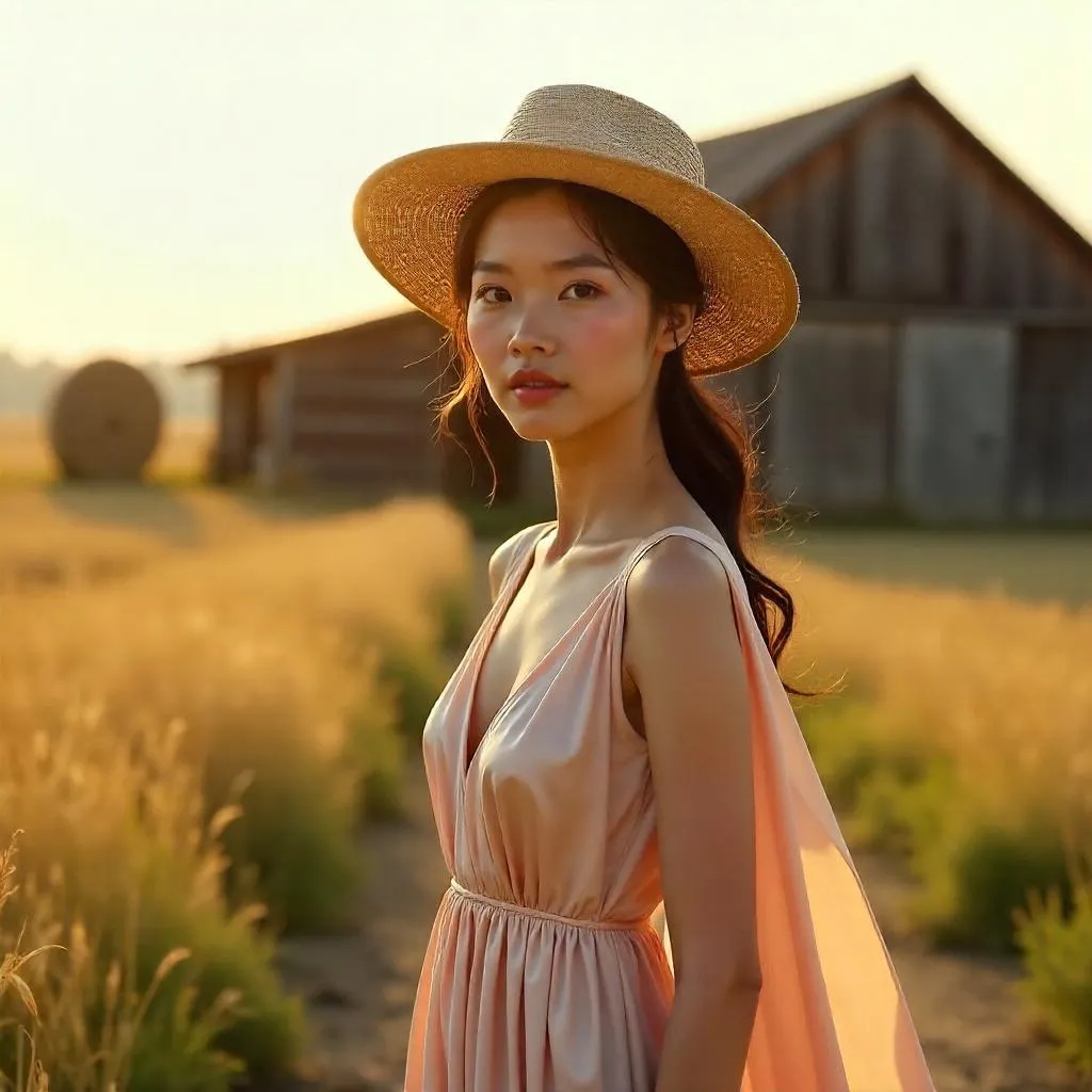 Elegant Asian Woman on a Farm, Photorealistic Portrait