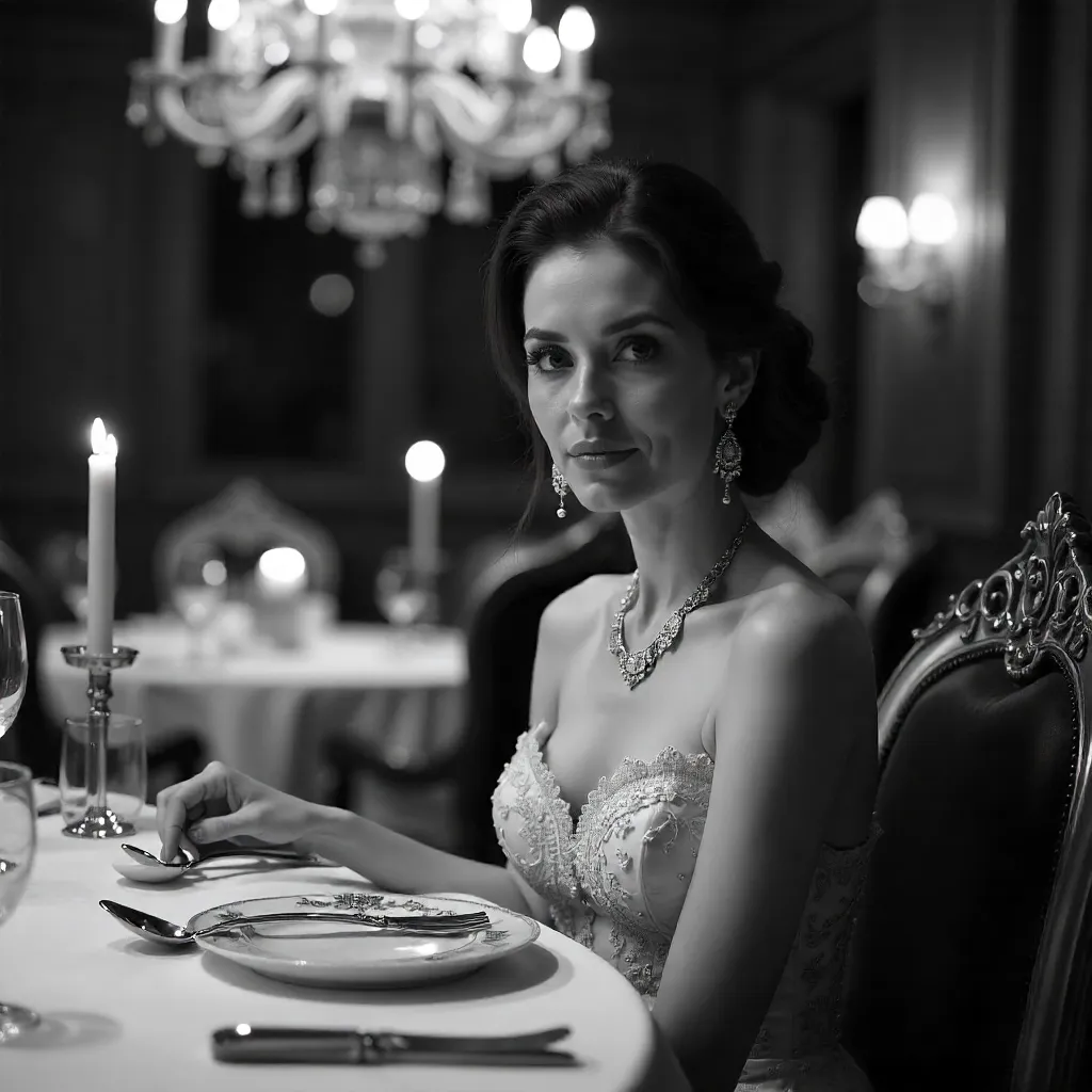 Noir Portrait: Woman in a Luxury Dining Hall