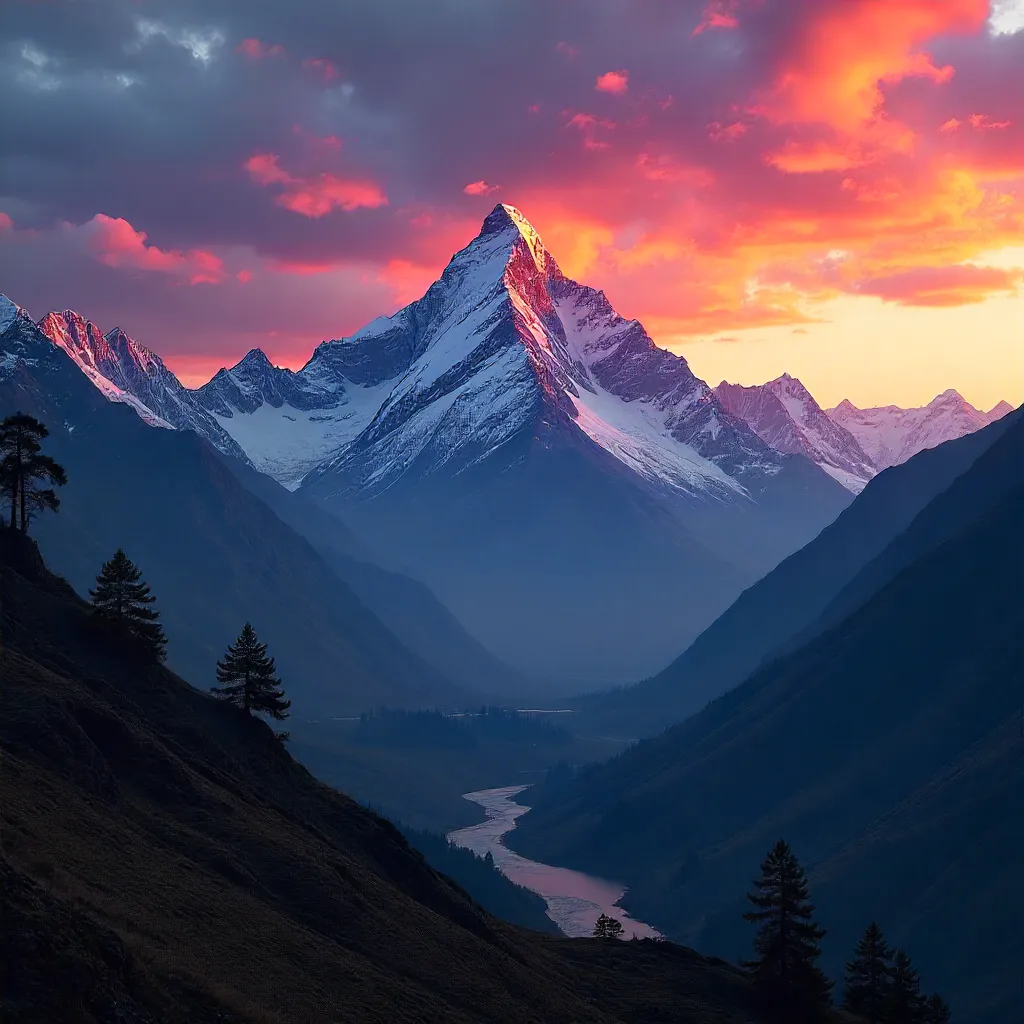 Sunset Silhouette over Nepal's Himalayan Peaks
