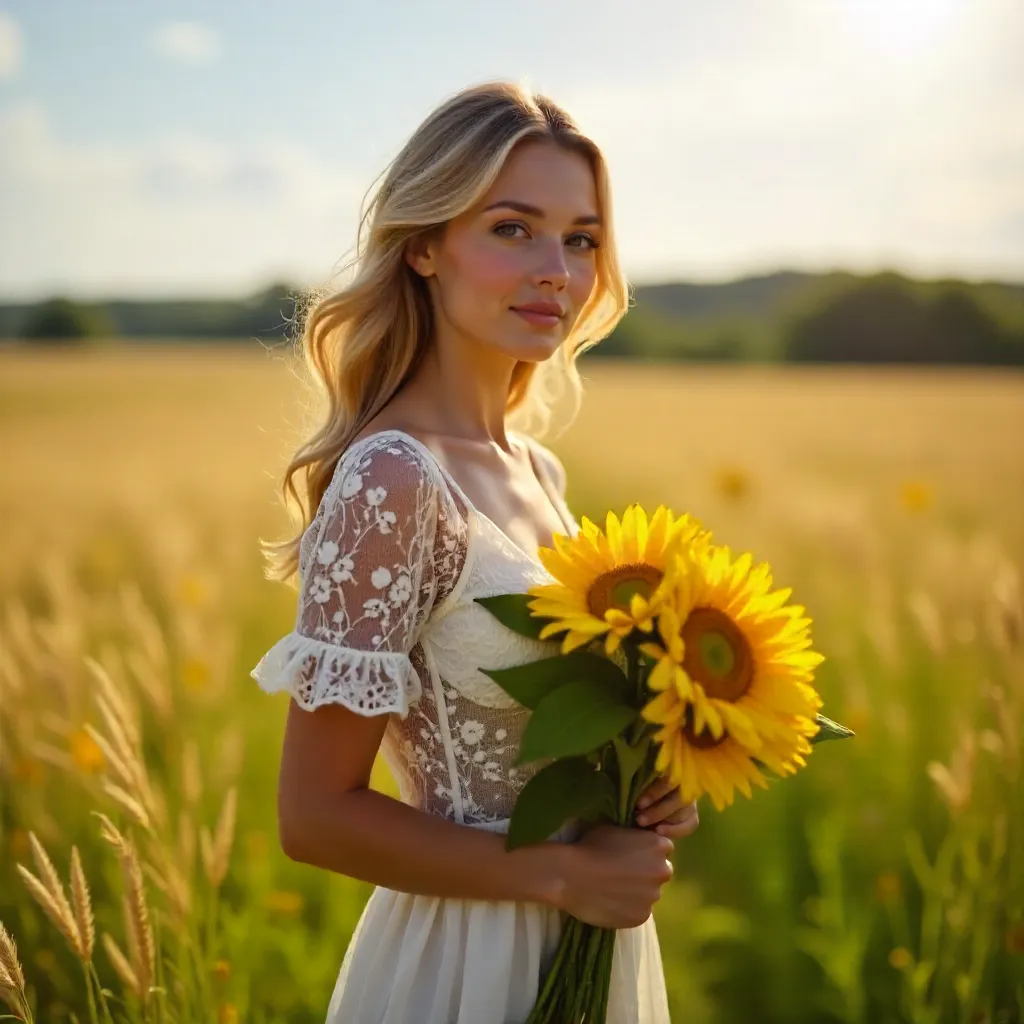 Sun-kissed Field with Sunflowers and Lace Dress