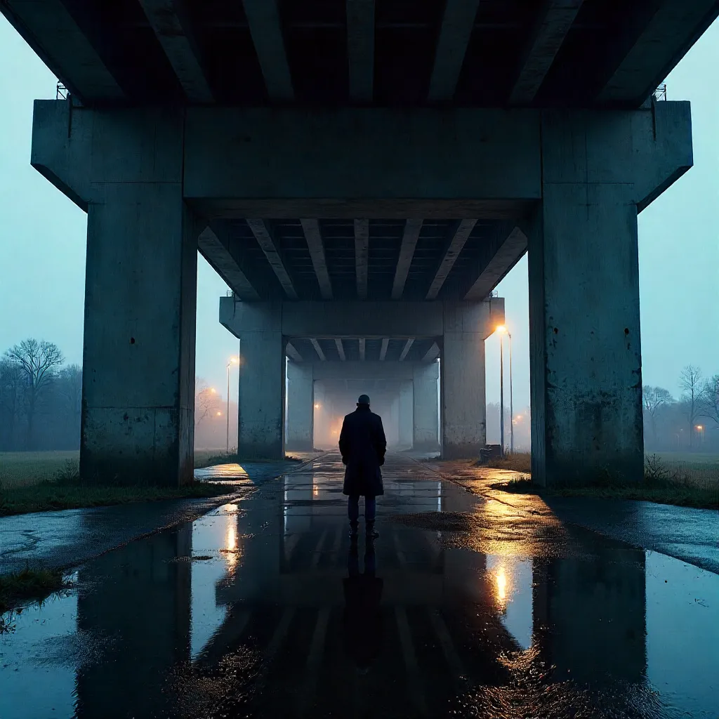 Silhouette Beneath a Modern Bridge