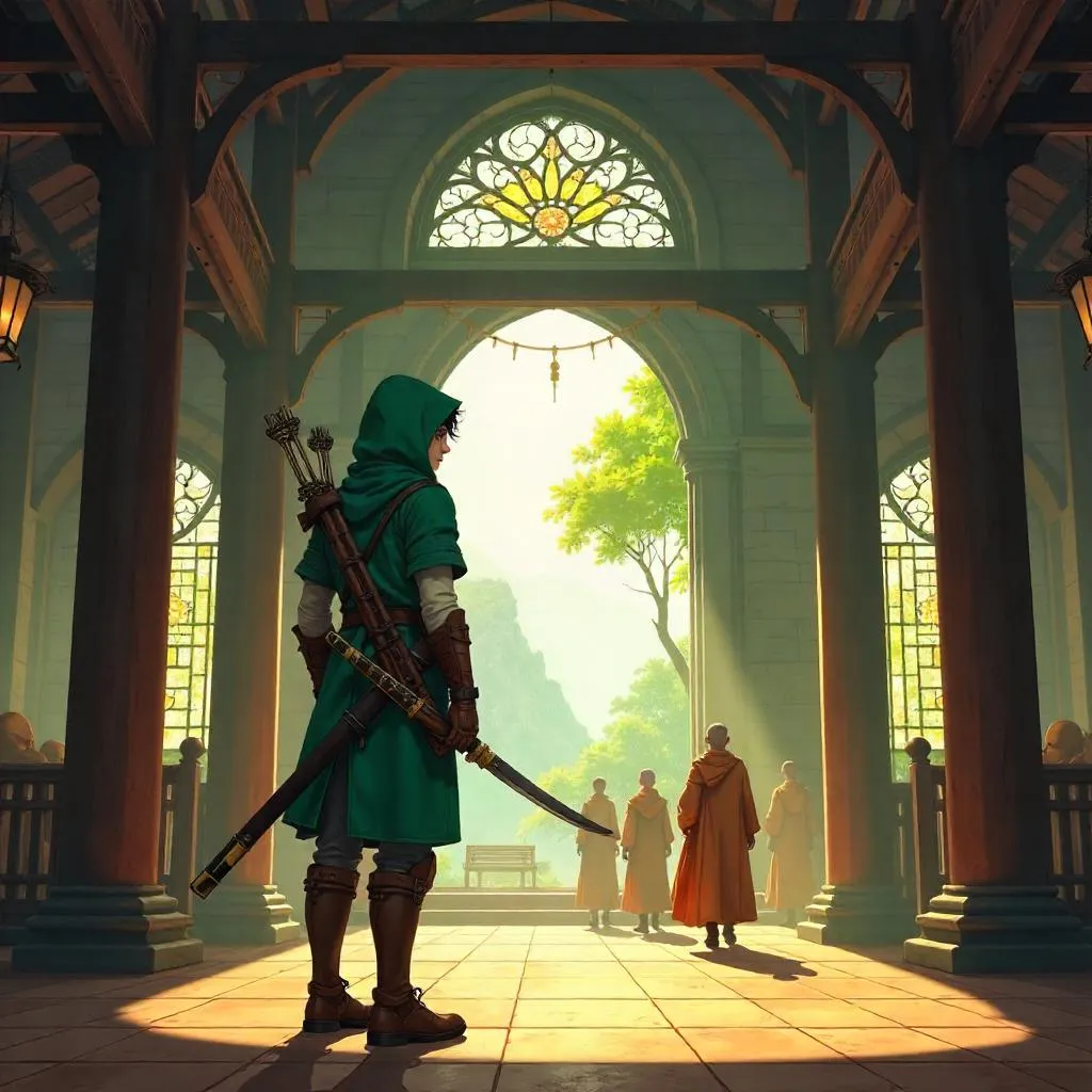 Anime Ranger in a Sacred Monastery Hall