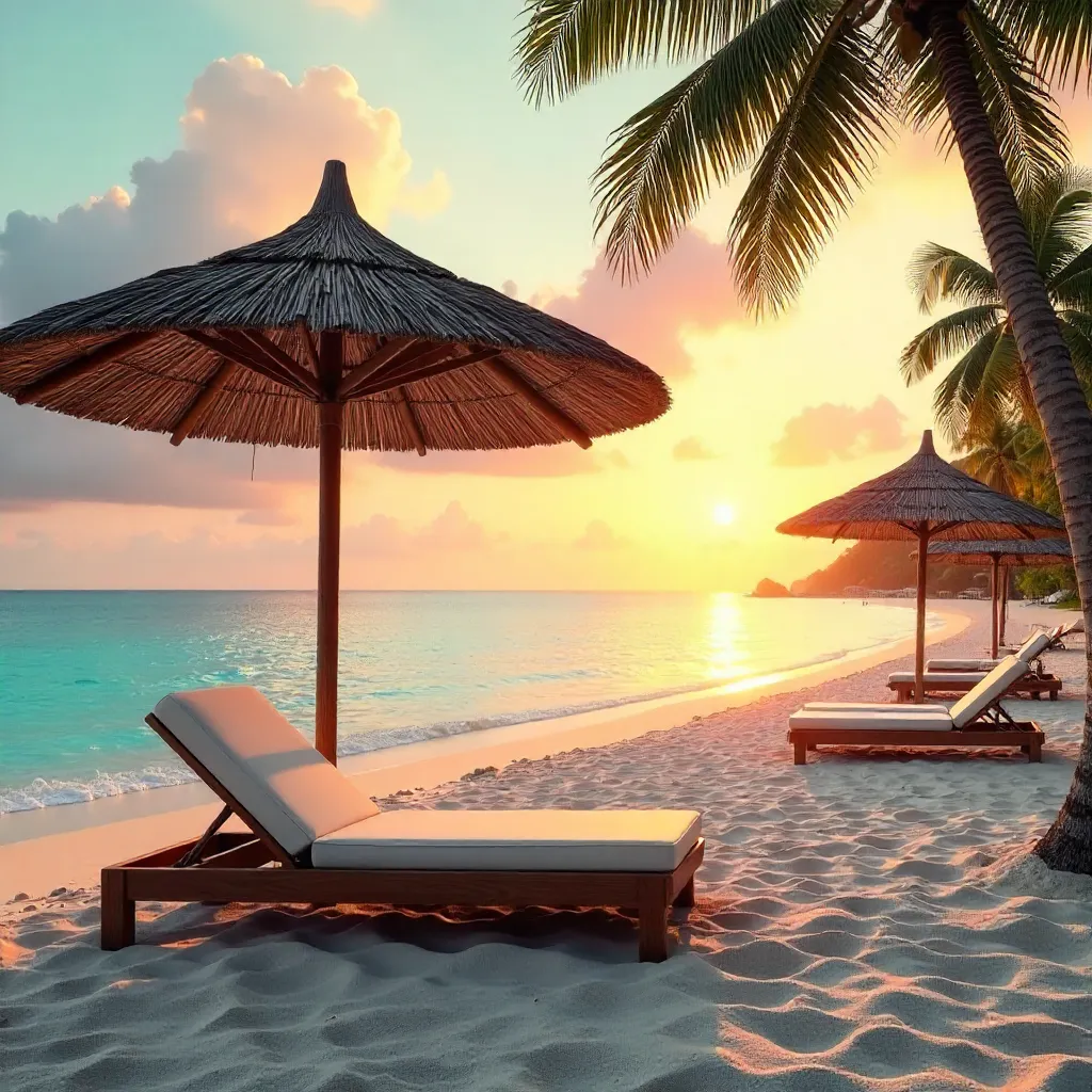 Sunrise Serenity: Beach with Thatched Umbrellas