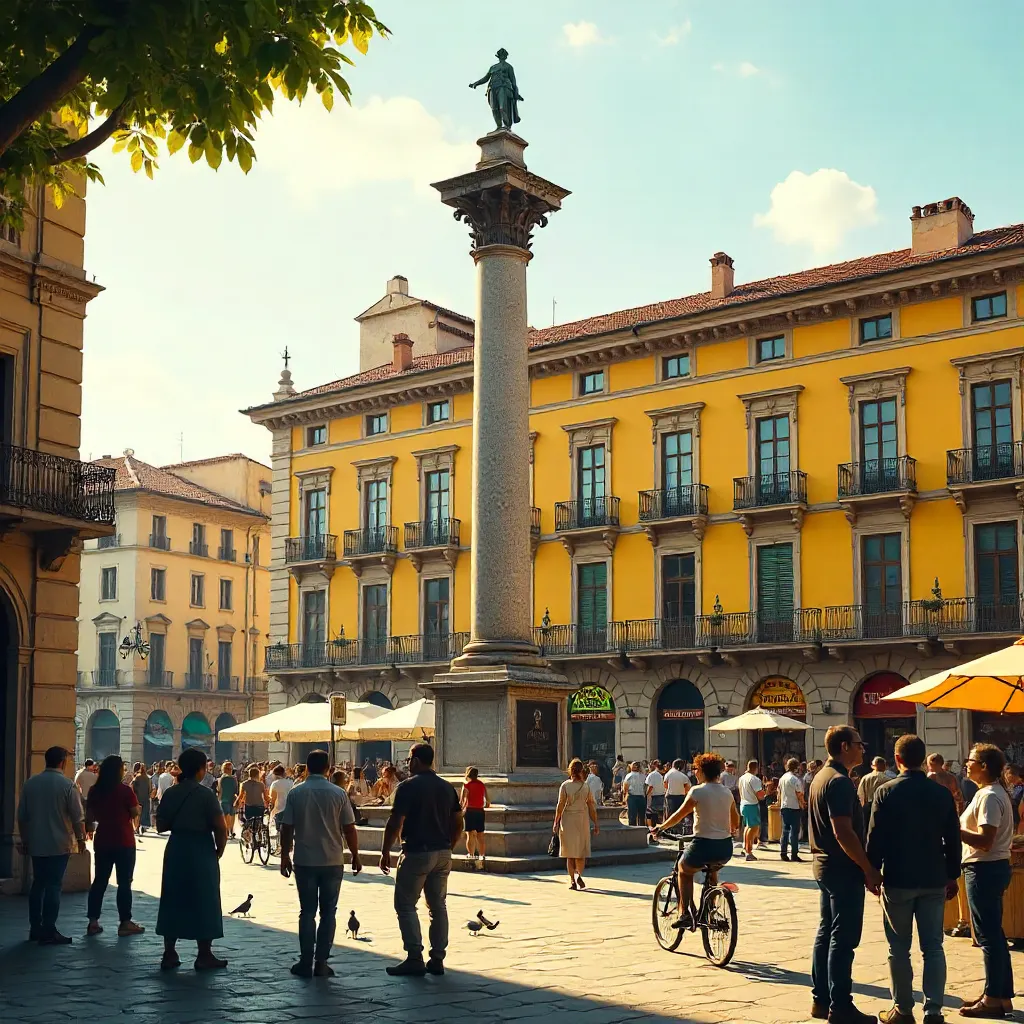 Crowd Around a Historic Column by a Yellow Building