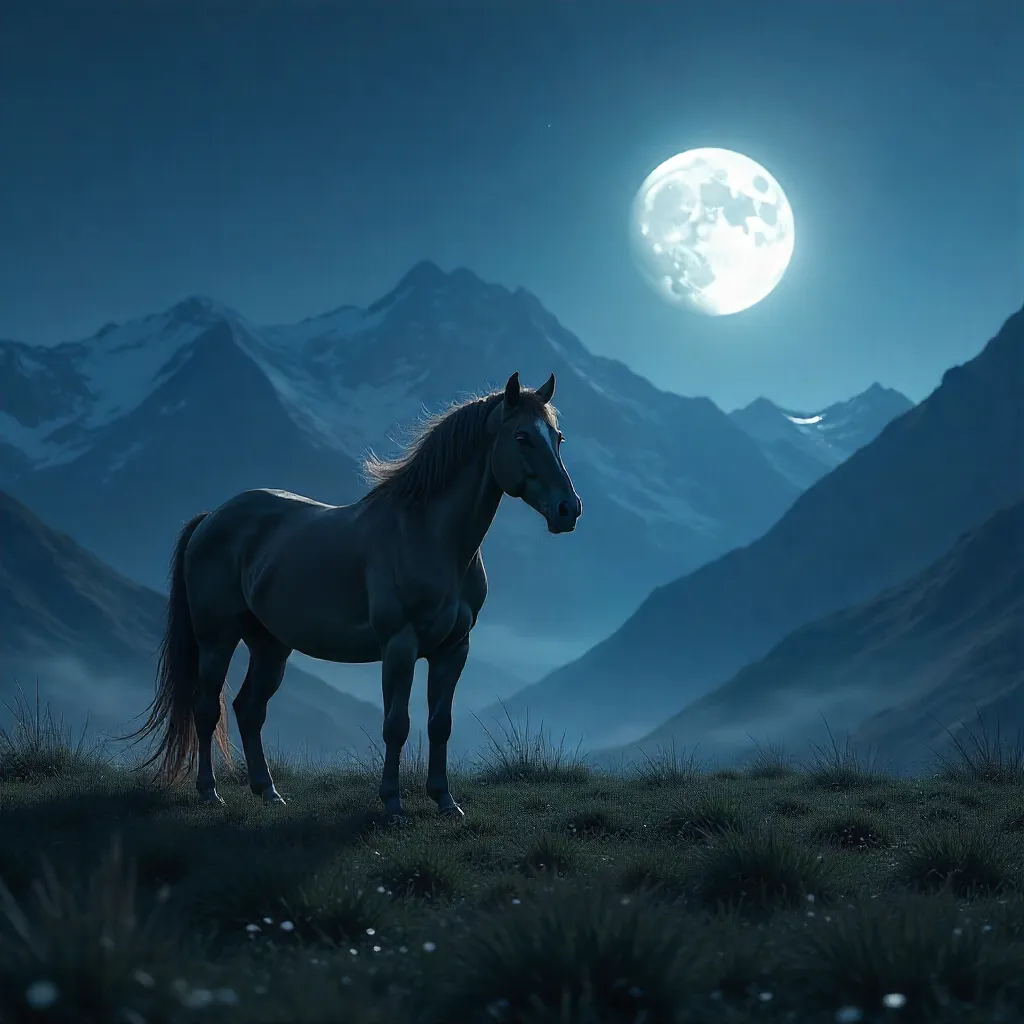 Moonlit Solitary Horse in a Mountain Meadow
