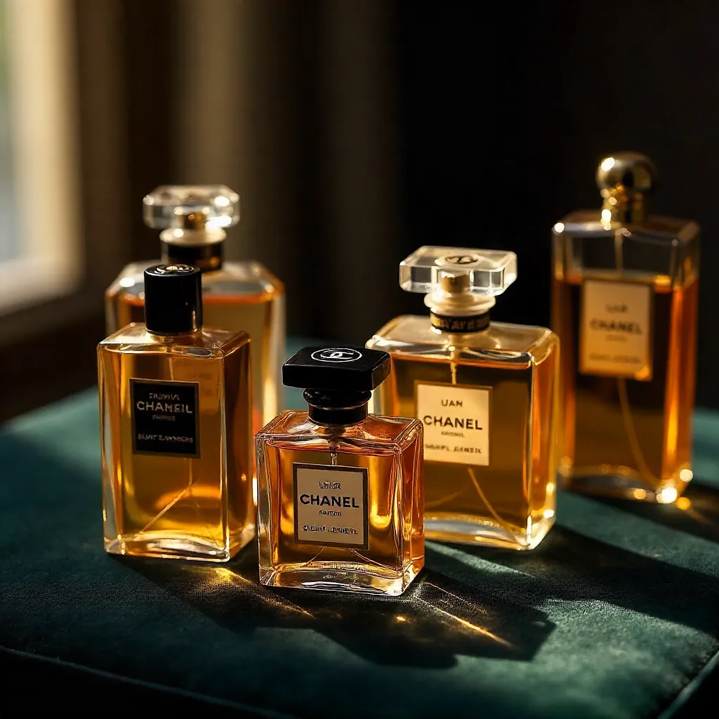 Luxurious Chanel-Inspired Perfume Bottles in Warm Light