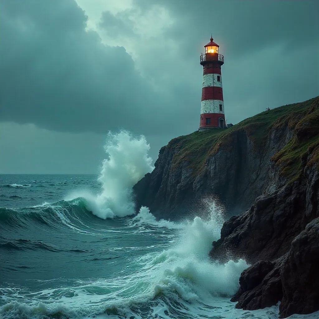 Storm-Scarred Lighthouse under a Moody Coastal Sky