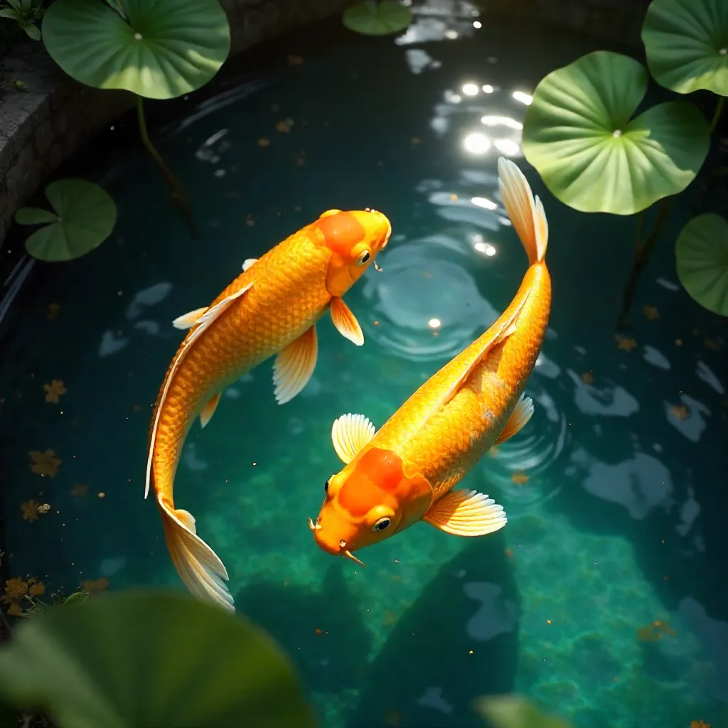 Two Yellow Koi in a Sunlit Tranquil Pond