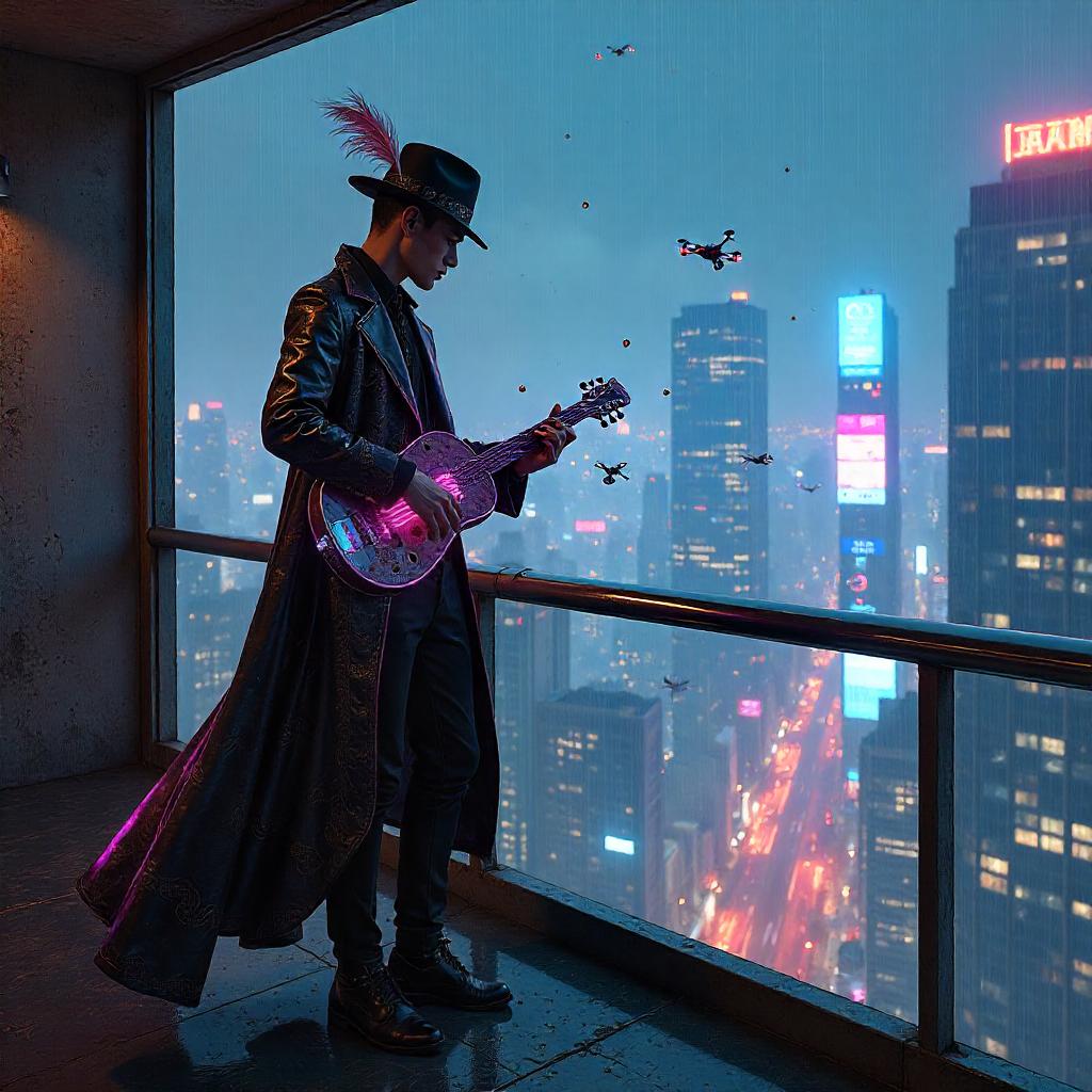 Neon Skyscraper Bard in Cyberpunk Night