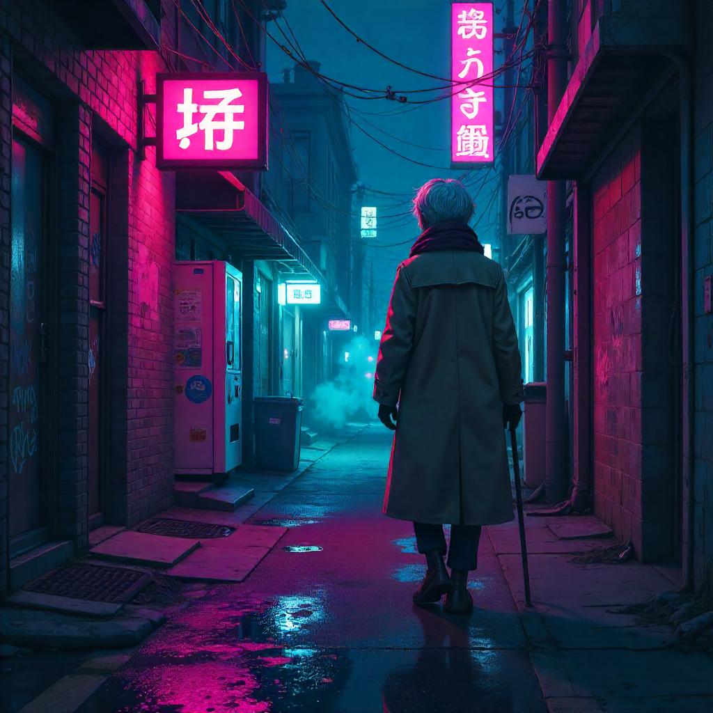 Neon Alley Wanderer: An Elderly Anime Portrait