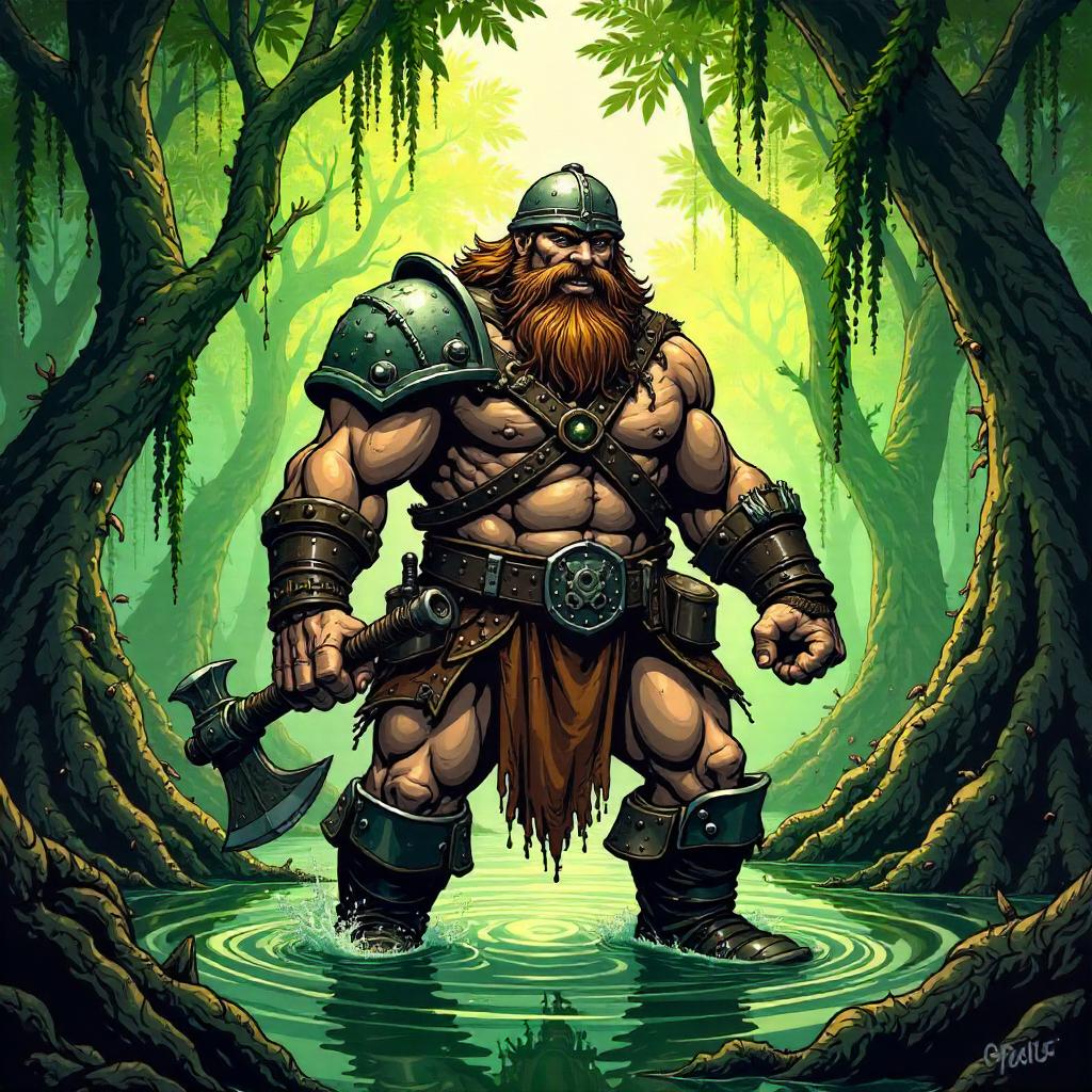 Dwarf Warrior in a Mangrove Swamp - Comic Style