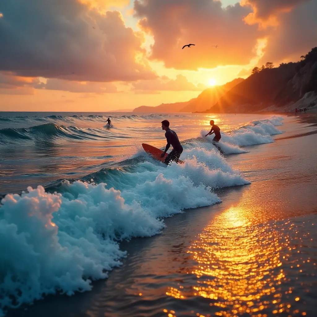Golden Hour Surfers at Sunset