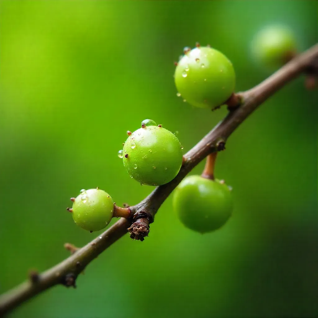Macro close-up of green unripe berries with natural bokeh