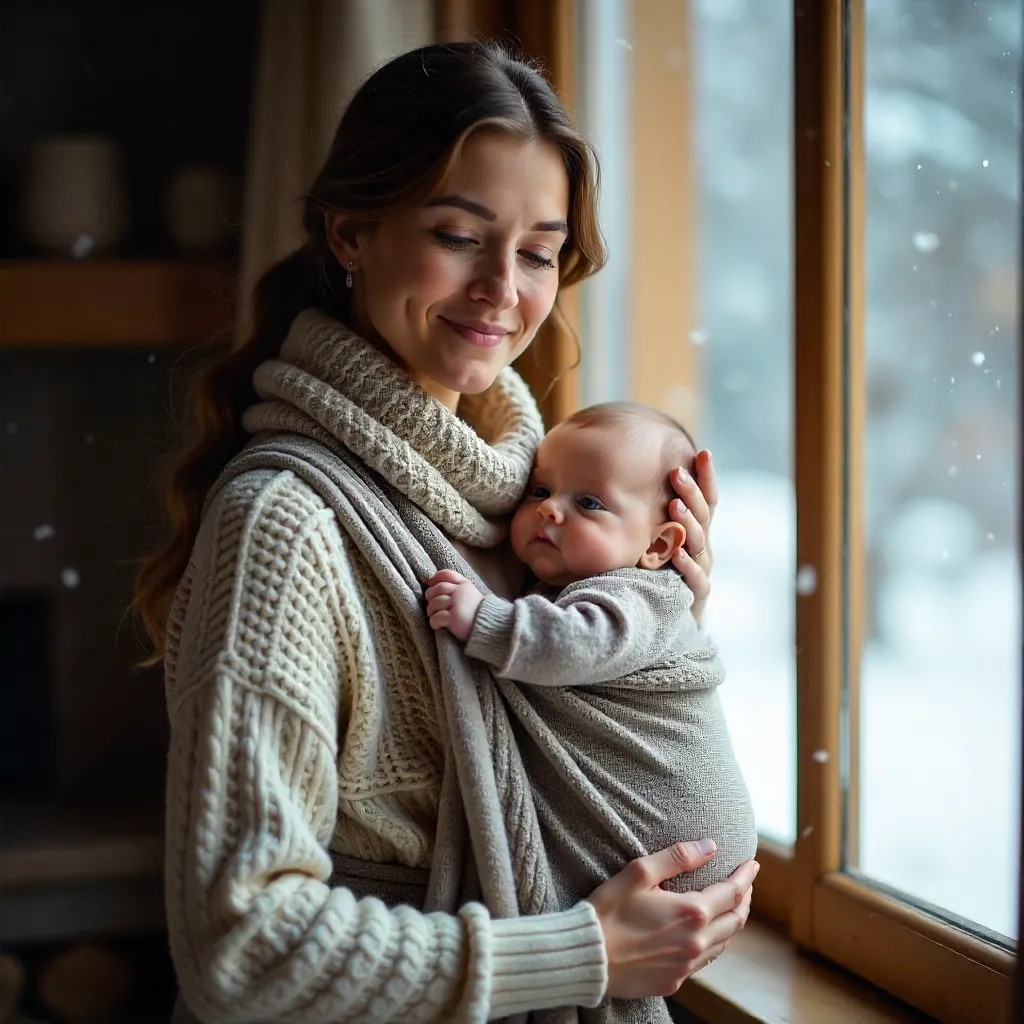 Winter Snug: Mother Embraces Baby in a Sling