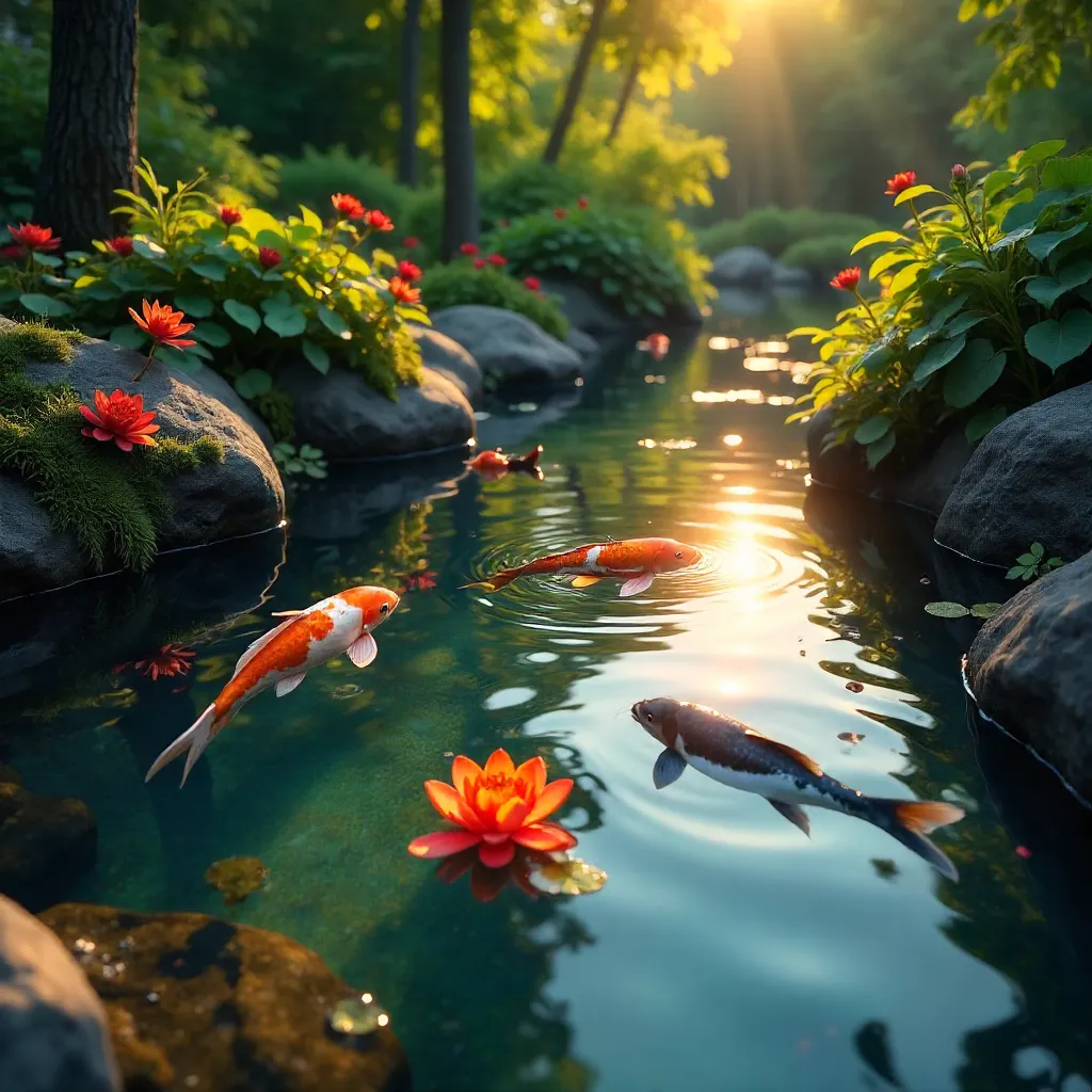 Vibrant Koi Among Red Flowers in a Lush Pond