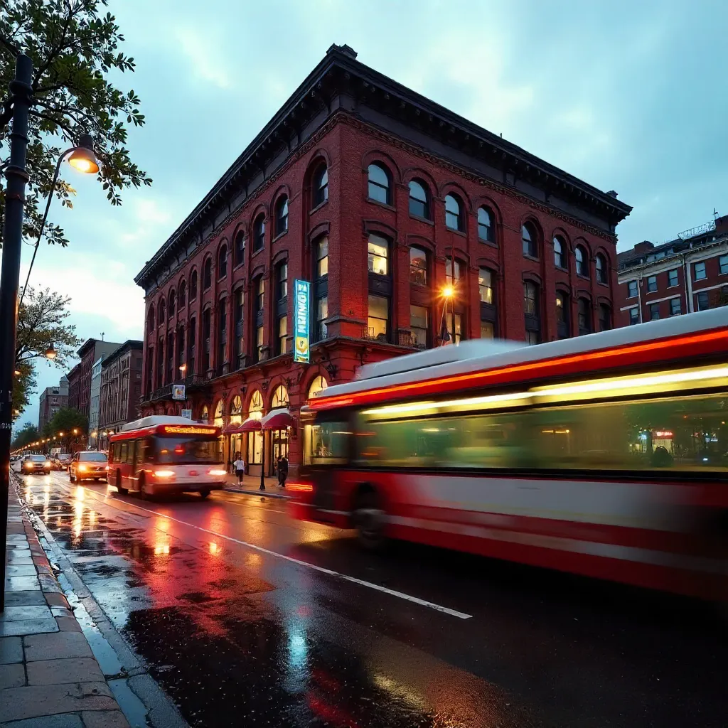 Long-exposure Buses Blur Past Historic Brick Building