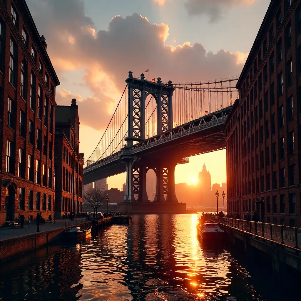 Sunset Over Manhattan Bridge Framed by Brooklyn Buildings