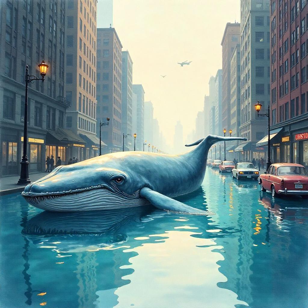 Whale Amid a Submerged City — Watercolor Scene