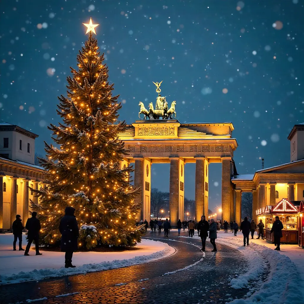 Snowy Christmas Tree Framed by Brandenburg Gate, Berlin