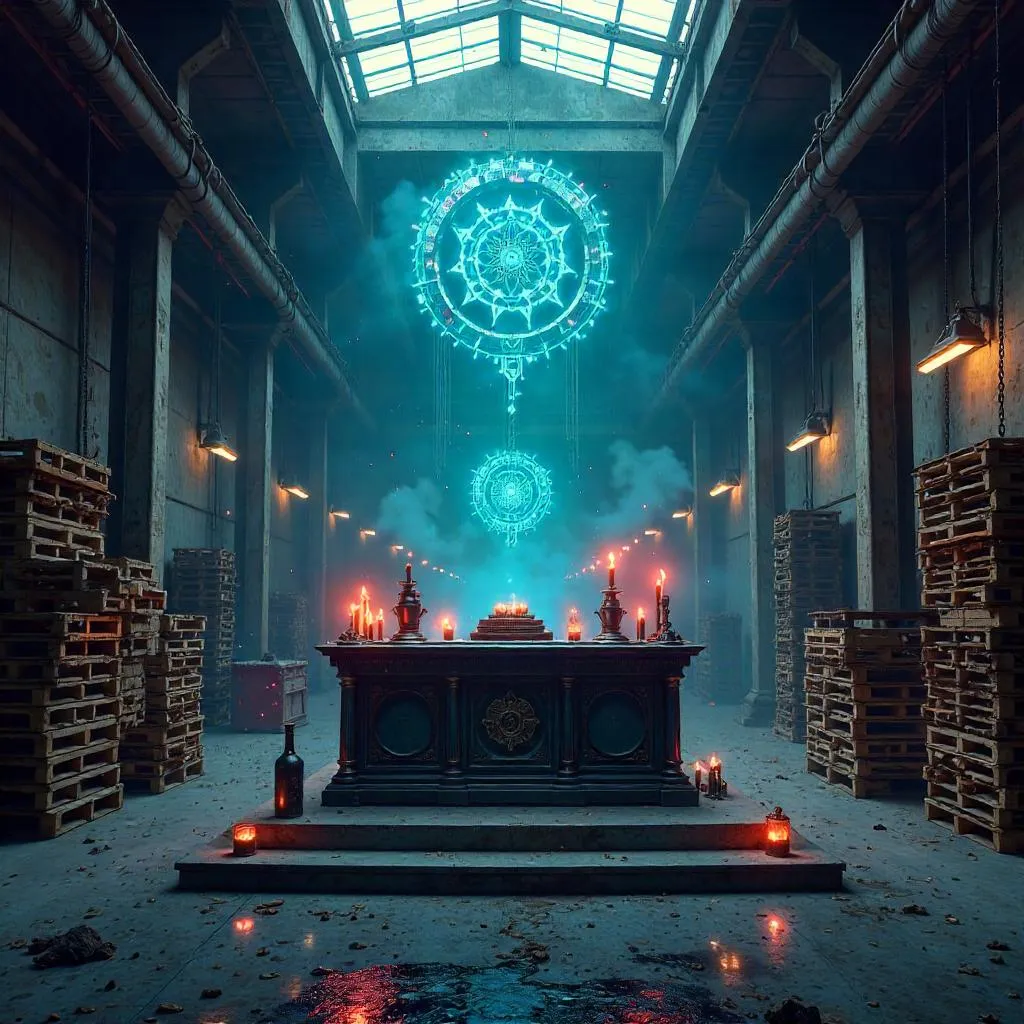 Altar of Neon in a Deserted Warehouse
