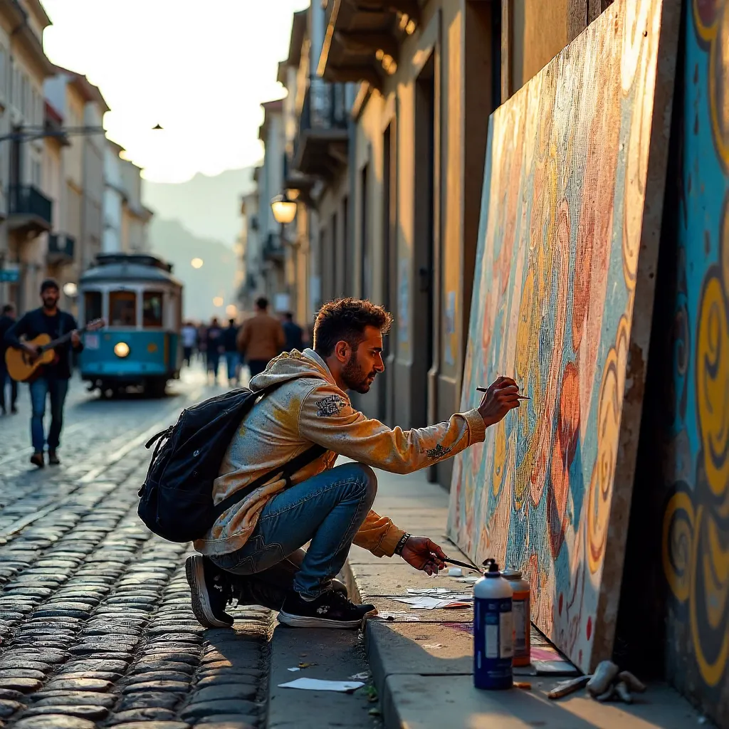 Porto Street Artist on a Busy Ribeira Street