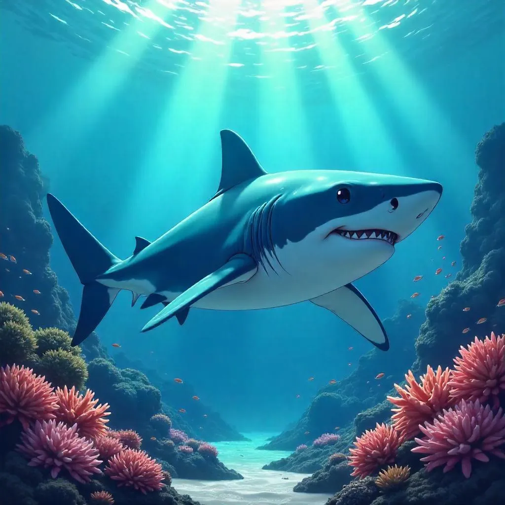 Photographic Anime Shark in Ocean Light
