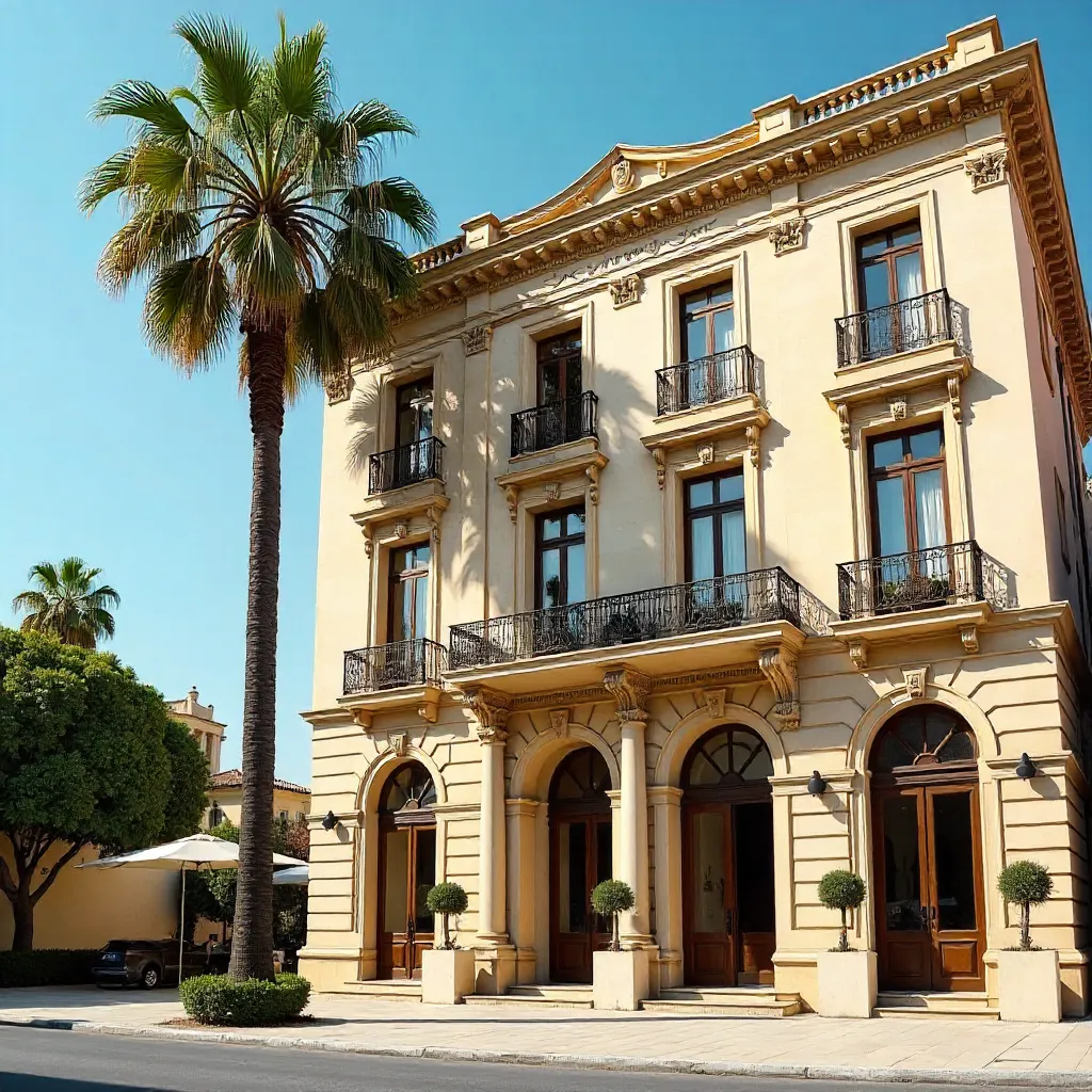 Elegant Facade with Palm under Clear Sky