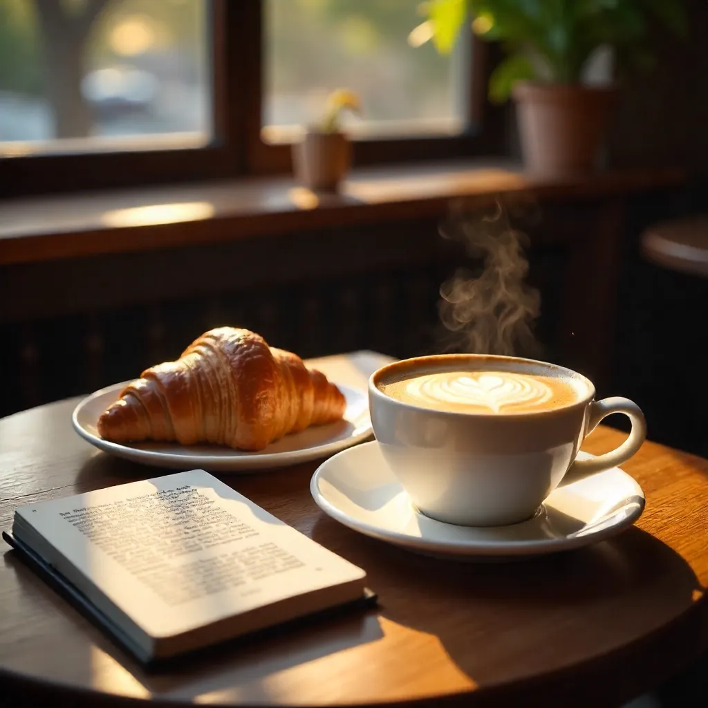 Serene Café Break with Croissant and E-Reader