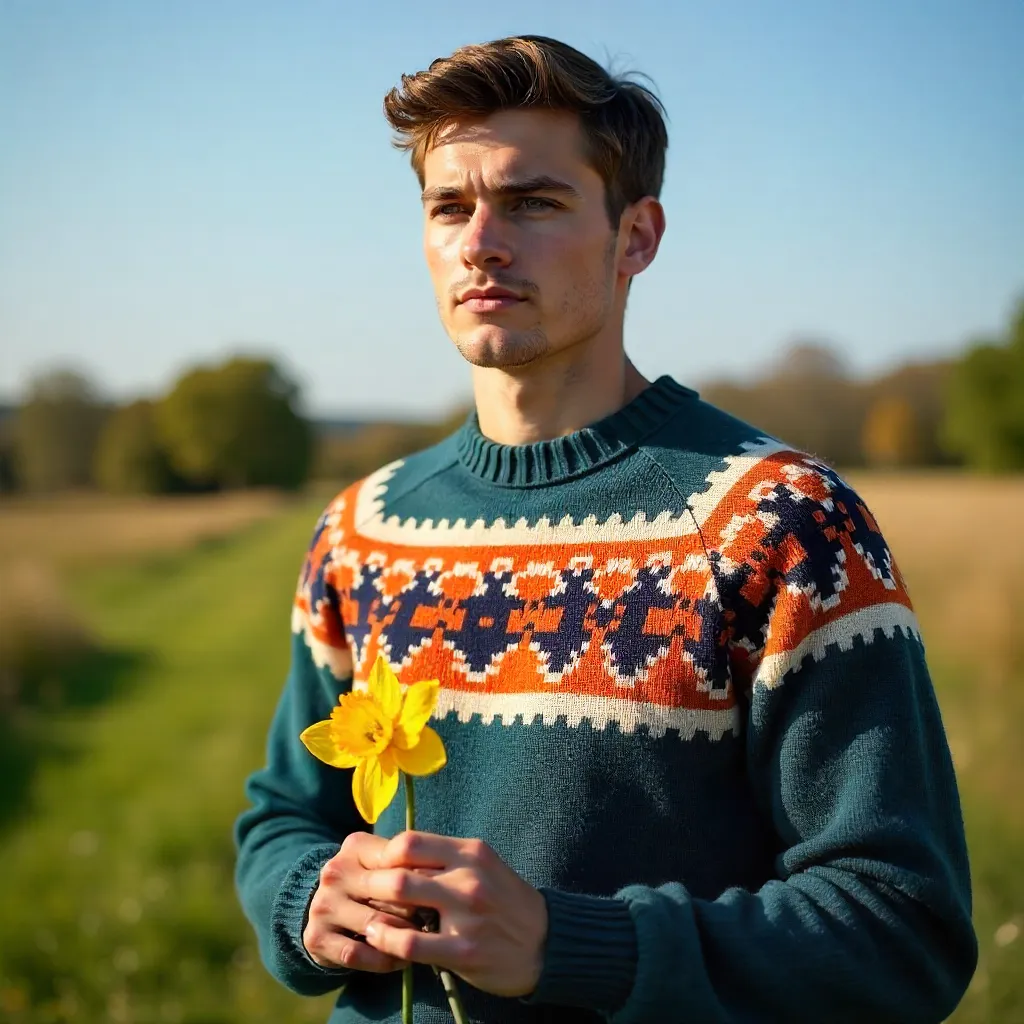 Young Man in Patterned Sweater Holding a Yellow Flower Outdoors