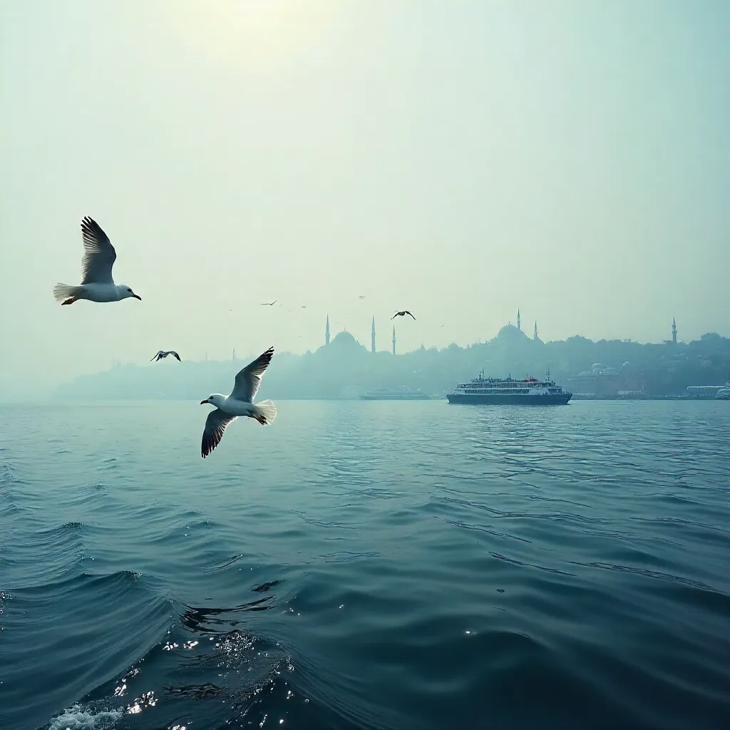 Seagulls Over Foggy Bosphorus, Istanbul Skyline