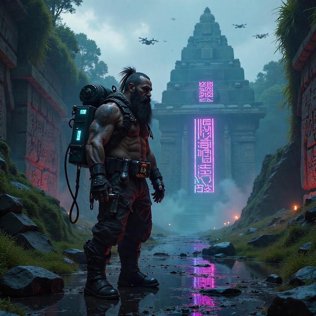 Dwarf Cyberpunk Warrior Amid Mayan Ruins at Night