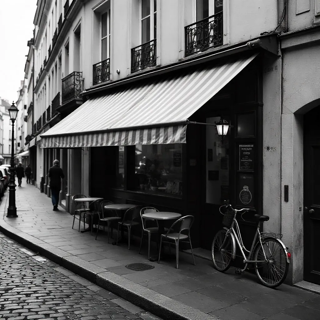 Monochrome Paris Street Corner with Café and Bicycle