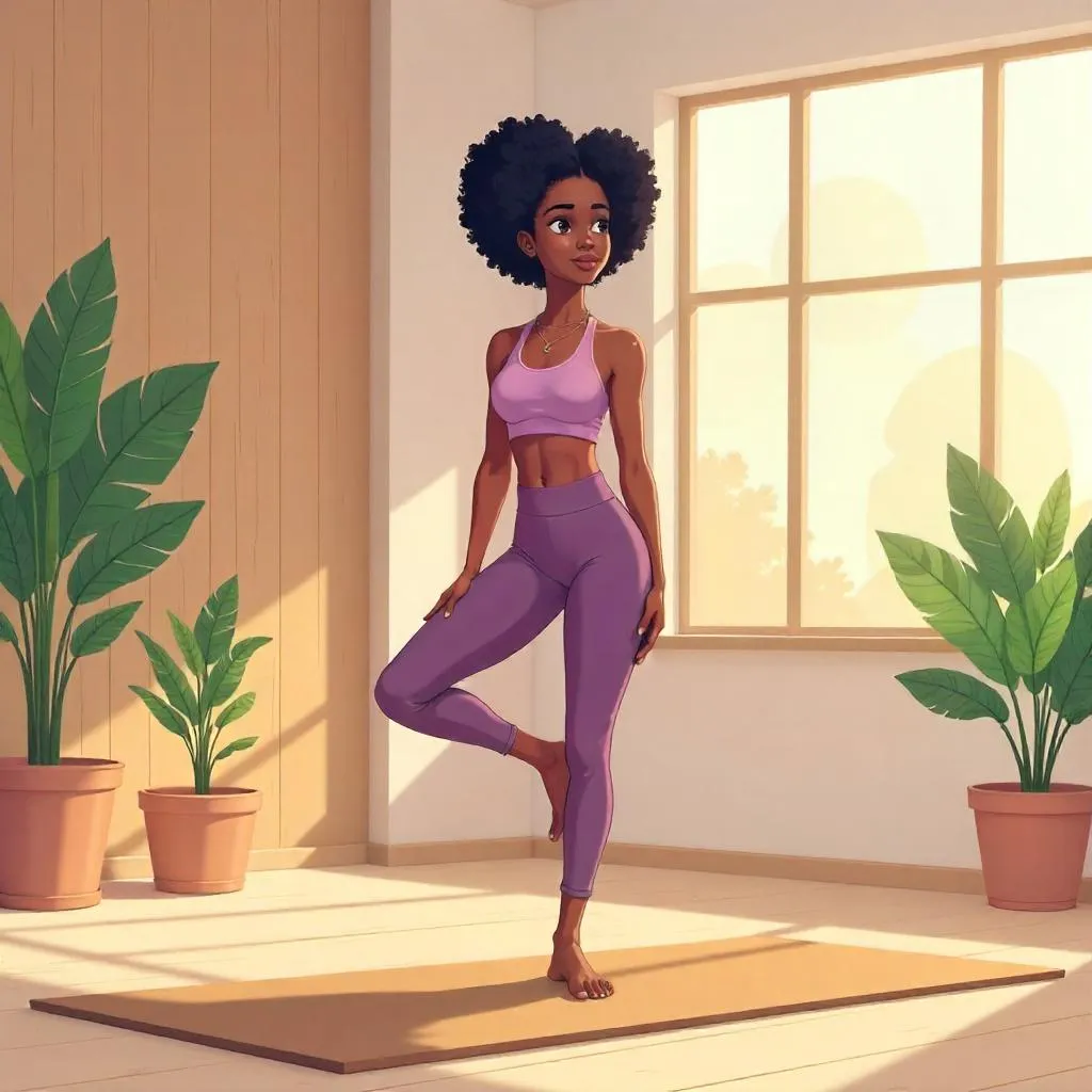 Anime-Style Young Black Woman in Tranquil Yoga Studio