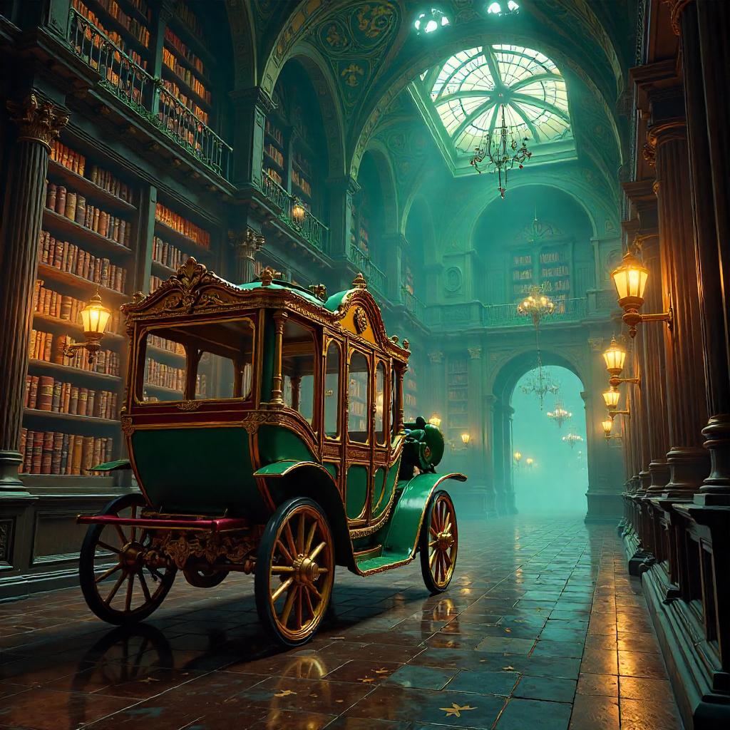 3D Render: Ornate Carriage in a Magical Library