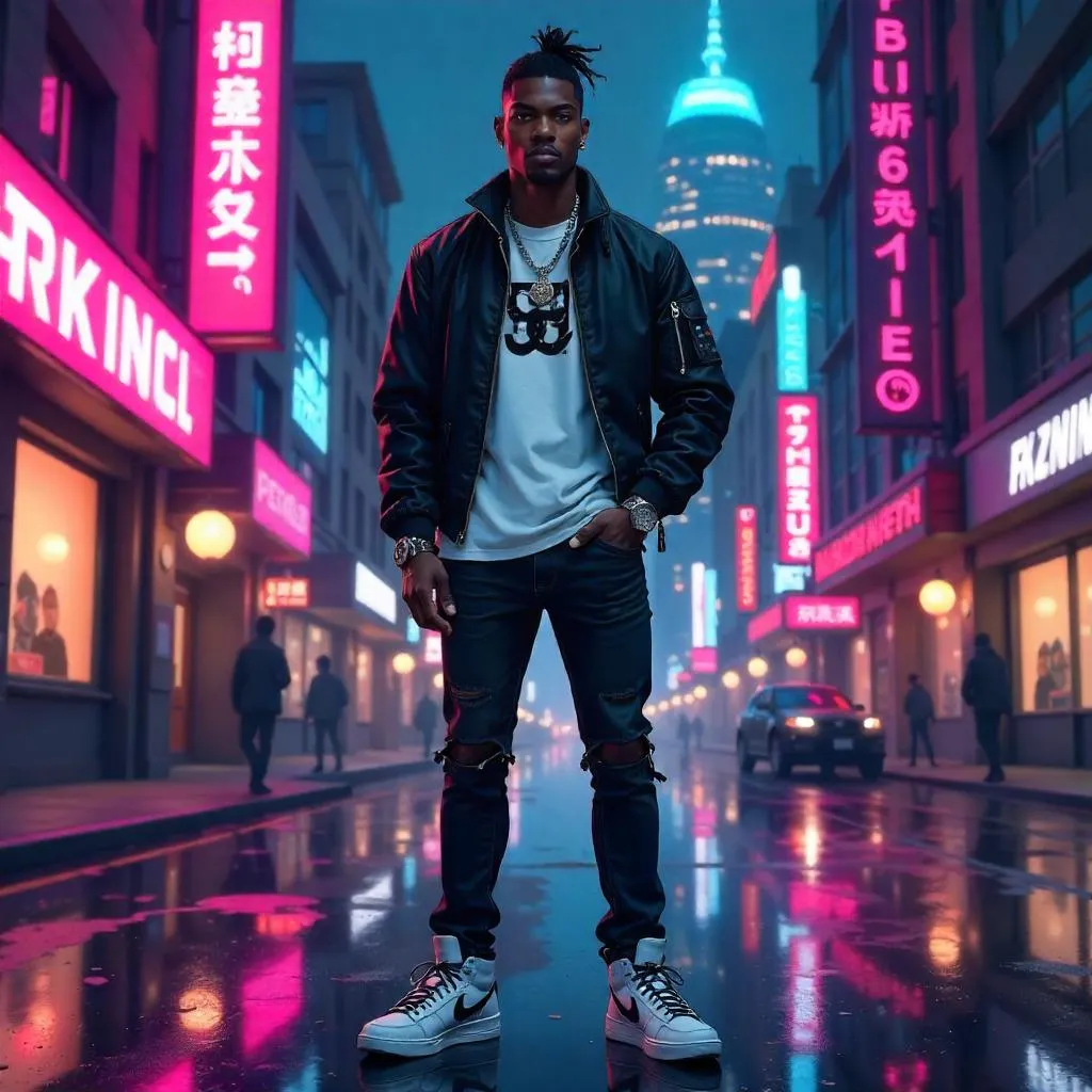 Neon Anime Street Style: Stylish Black Man