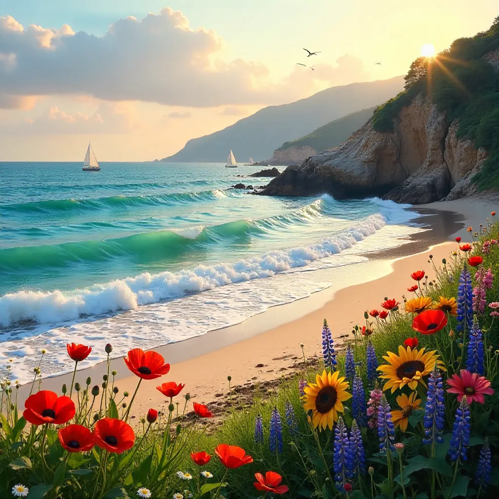 Serene Coastal Scene with Waves and Floral Border