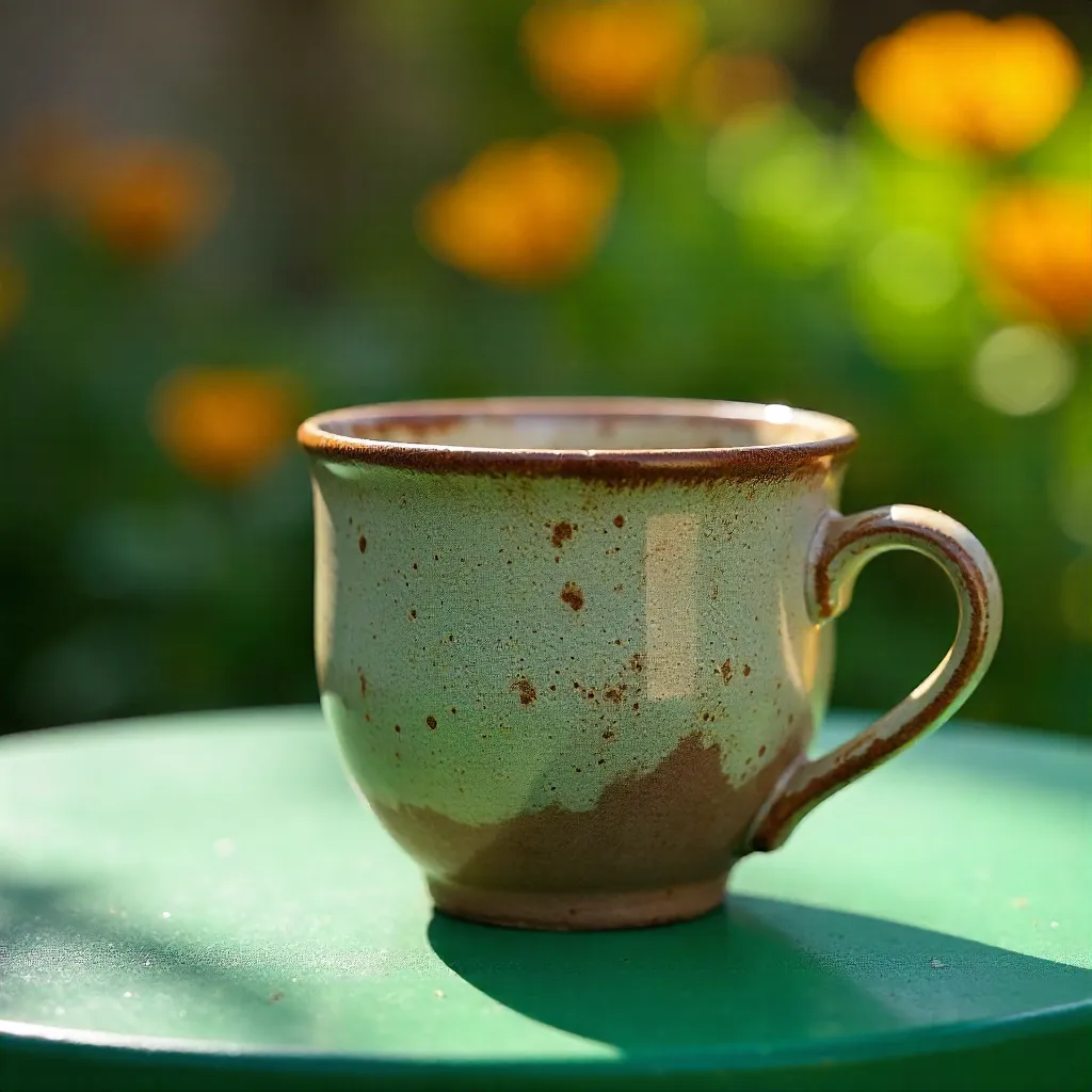 Close-Up Rustic Ceramic Cup on Green Table
