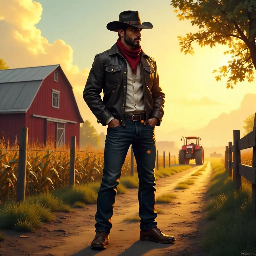Stylish Latino Farmer in Concept Art on the Farm
