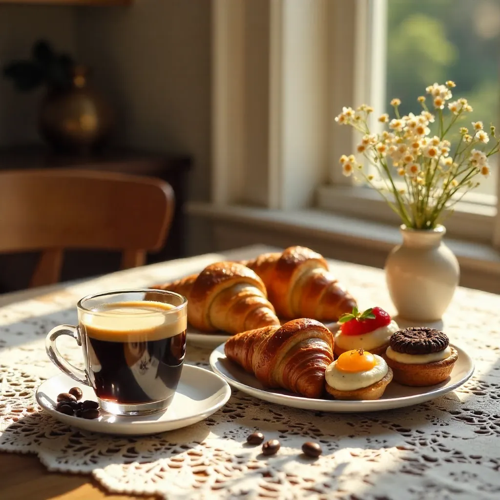 Cozy Lace Table Espresso and Pastries