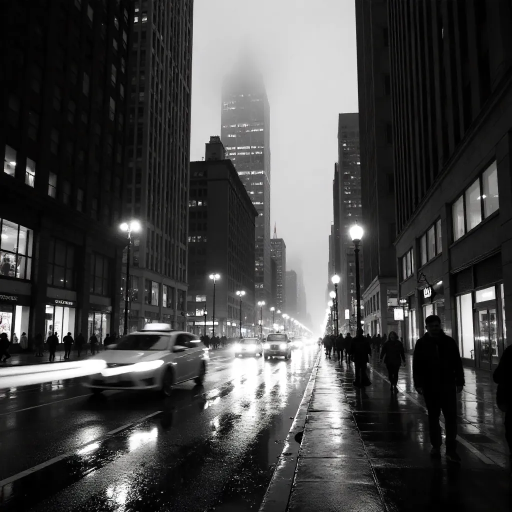 Monochrome Skyline with Motion-Blurred Traffic