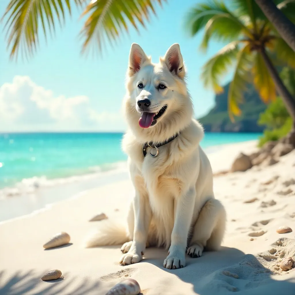 Sunny White Shepherd on a Tropical Beach