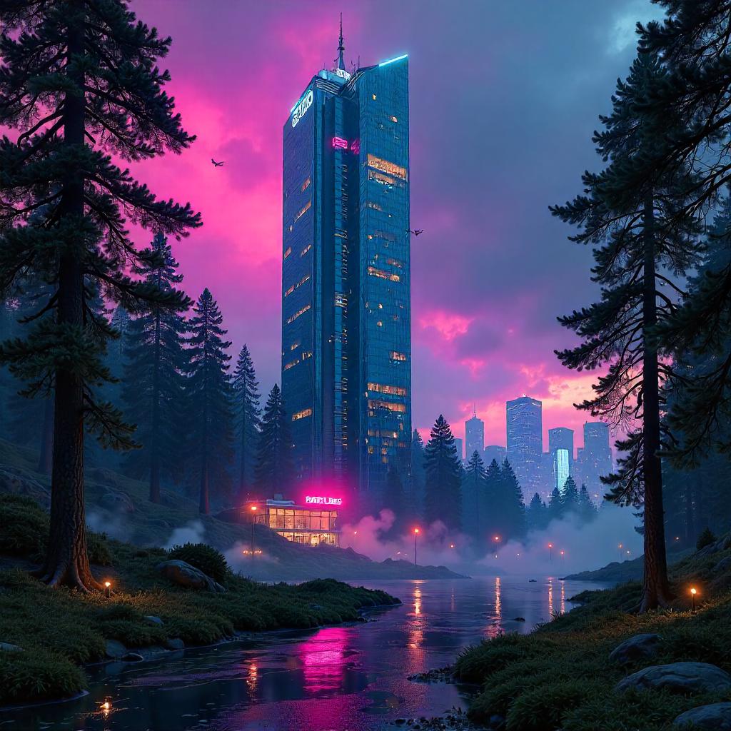 Neon Pines: Cyberpunk Skyscraper in the Woods